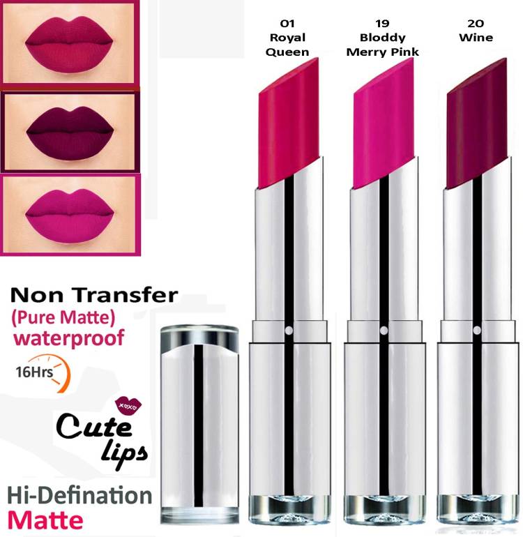 bq BLAQUE B. Berry Non Transfer Long Lasting Matte Lipstick 2.4 gm each (Combo # 01 Royal Queen, 19 Bloody Merry Pink, 20 Wine) Price in India