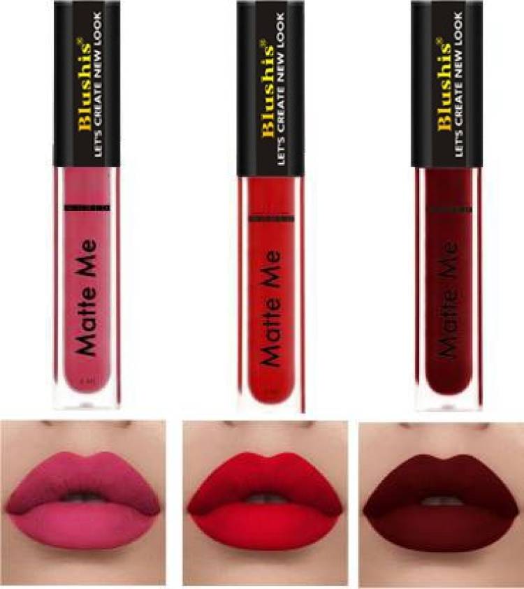 BLUSHIS High Defination Smudge proof Waterproof Long lasting Liquid matte Lipstick Non Transfer Combo Pack of 6 with Common colors for daily use Red Purple and Maroon colour Price in India