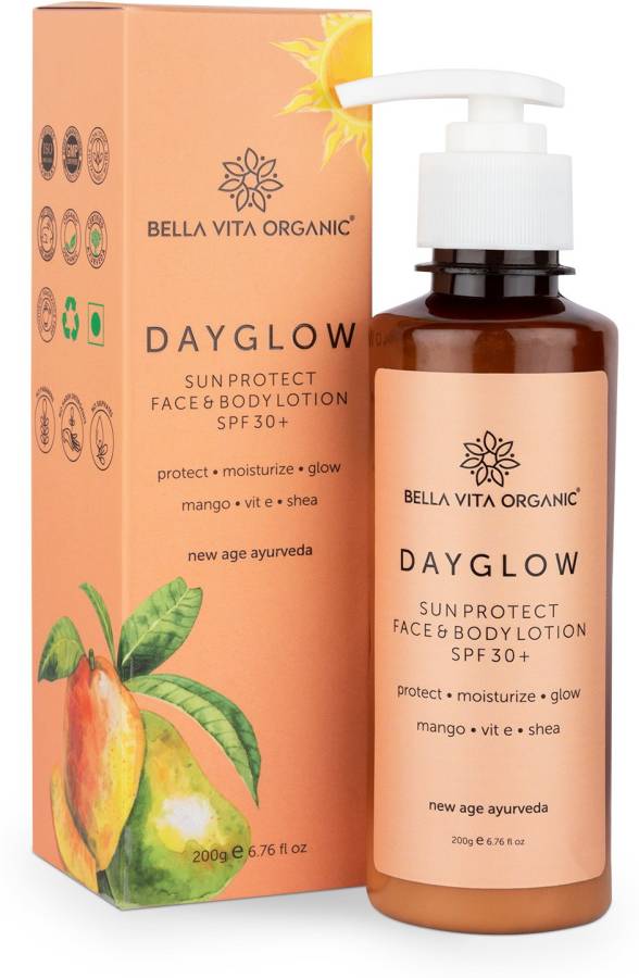 Bella vita organic Day Glow Face & Body Sunscreen Lotion SPF 30+ For All Skin Types Ayurveda with Mango, Vitamin E & Shea Butter - SPF 30+ Price in India