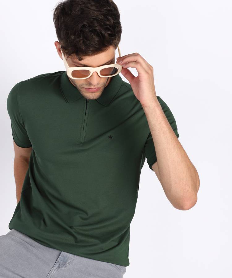 Solid Men Polo Neck Dark Green T-Shirt Price in India