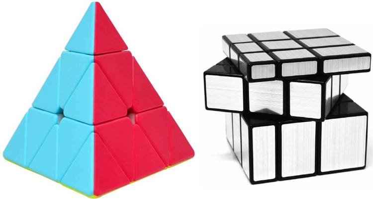 Authfort 3 X 3 Silver Mirror Stickered and Pyraminx Pyramid Triangle High Speed Stickerless Cube combo pack of 2