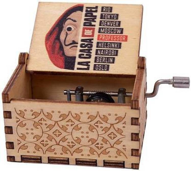 Gifters garden Friendz Wooden Hand Cranked Collectible Engraved Money Heist Music Box (Bella Ciao Music) (Brown)