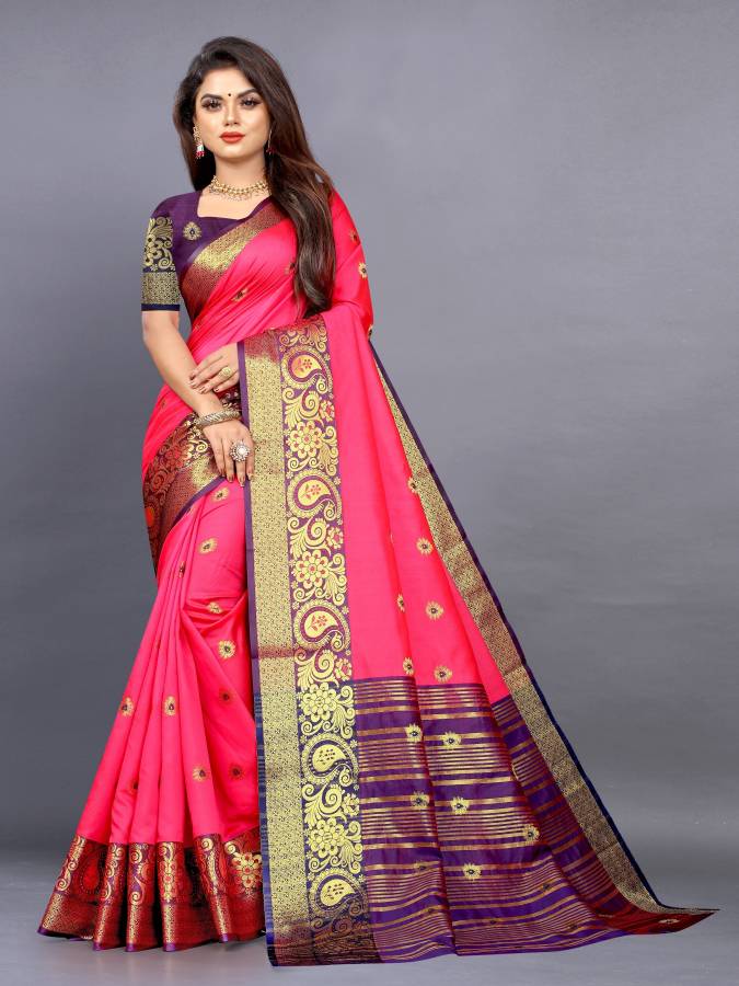 Woven, Embroidered, Checkered Banarasi Jacquard, Cotton Silk Saree Price in India