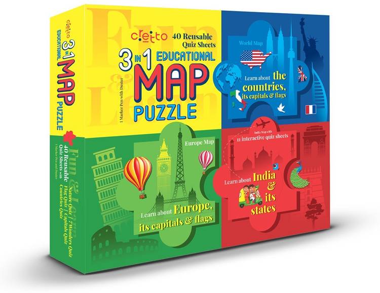 cretto 3 in 1 Educational World Map Puzzle with 40 Re-usable Quiz Sheets (Includes World Map, India Map and Europe Map)