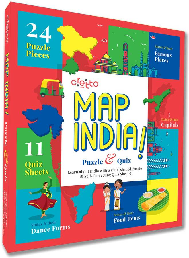 cretto Map India Puzzle with 11 Self Mastery Interactive Quiz Sheets