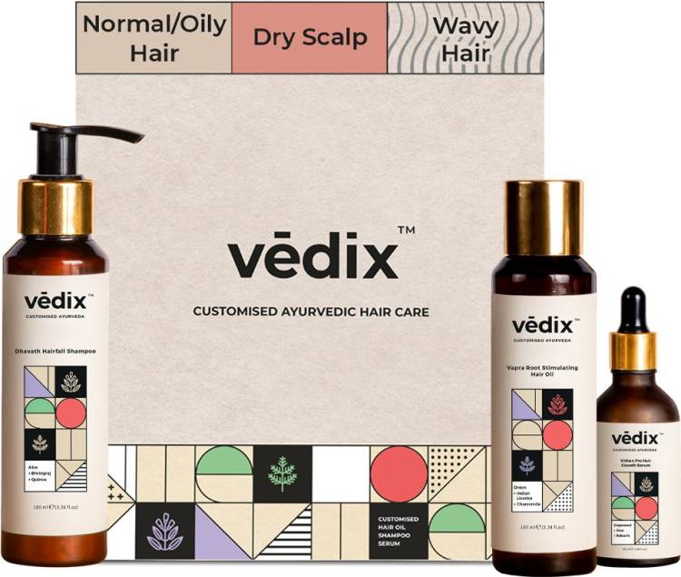 Vedix Hair Fall Control Regimen for Normal/Oily Hair - Dry Scalp & Wavy Hair - 3 Product Ayurvedic Kit - Anti Hair Fall Oil With Onion+Indian Licorice - Anti-Hairfall Shampoo - Vithan Pro Hair Growth Serum Price in India