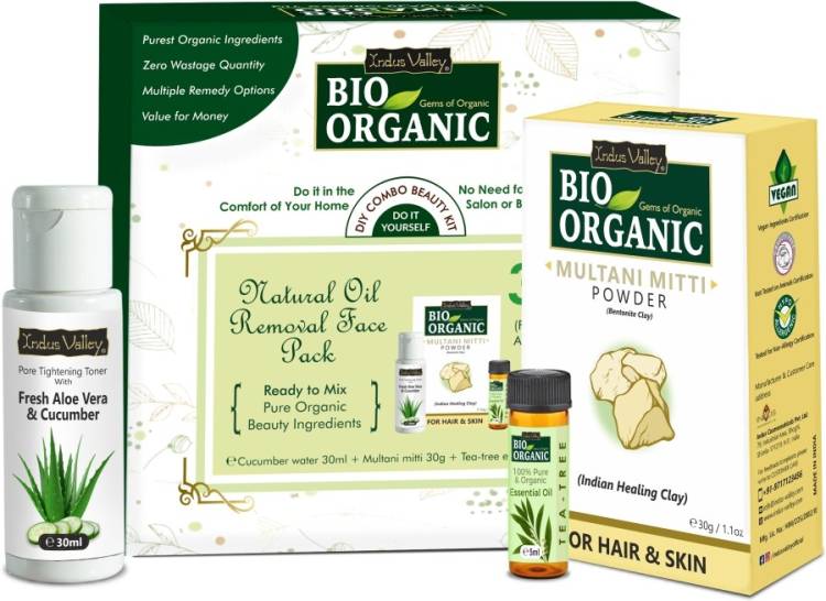 Indus Valley Bio Organic Natural Oil Removal Face Pack, comprises of Multani Mitti Powder, Cucumber Water Toner and Teatree Essential Oil - Special Beauty Care Facial Kit Price in India