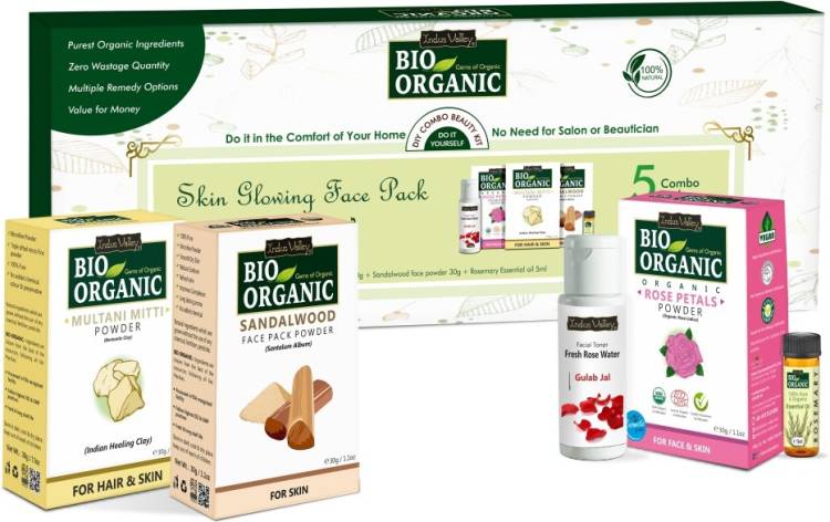 Indus Valley Bio Organic Skin Glowing Face Pack Facial Kit, comprises of Multani Mitti powder, Sandalwood Face Pack, Rosewater Toner, Rose petals powder and Rosemary essential oil - Special Face Care Combo Price in India