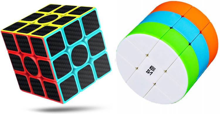 Authfort Carbon Fiber 3x3 Stickered Speed Cube & Cloud Series 3x3x3 Cylinder High Speed Stickerless Cube Combo pack of 2