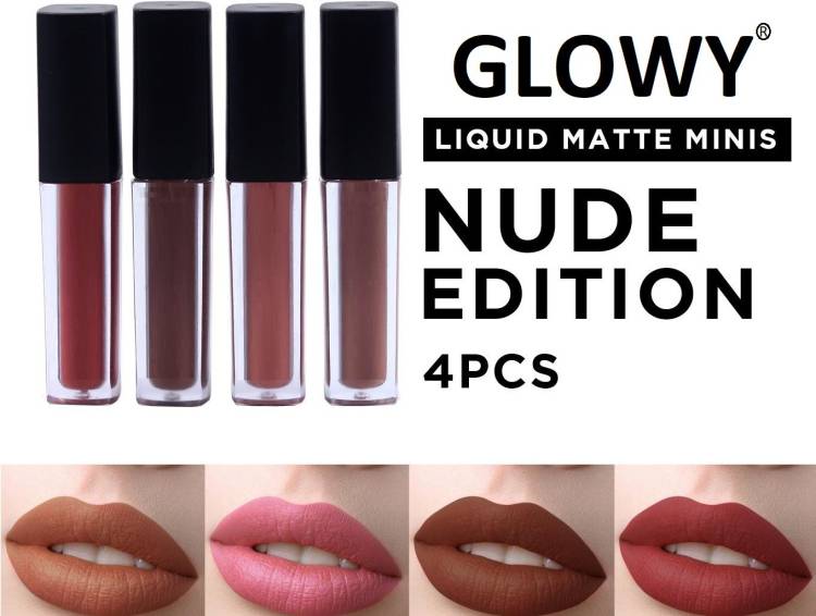 GLOWY nude edition long lasting sensational liquid matte lipstick non transfer set of 4 nude shades combo pack Price in India