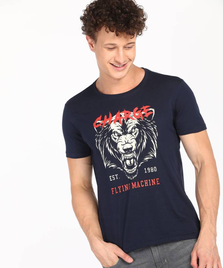 Printed Men Round Neck Blue T-Shirt Price in India