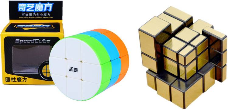 Authfort New Speed cube set of Mirror Gold Stickered Cube & Cylinder High Speed Stickerless Cube Combo pack of 2