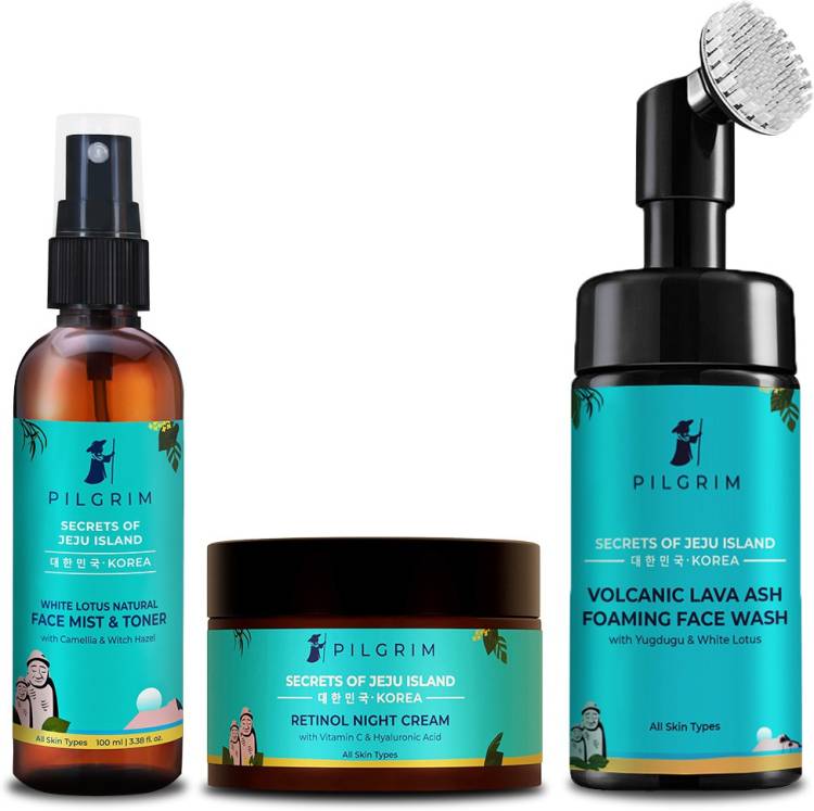 Pilgrim Daily Night Care Combo with Foaming Face Wash with Brush 120ml, Hydrating Face Mist & Toner 100ml, Retinol Night Cream 50gm | For All Skin Types | For Men & Women | Korean Skin Care Products Price in India