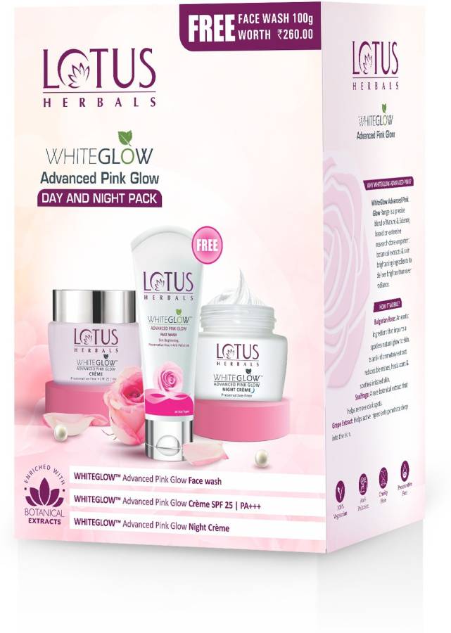 LOTUS HERBALS WhiteGlow Advanced Pink Glow Day & Night Pack | Day Cream | Night Cream | Face Wash | Dark Spot Reduction | Sun Protection Price in India