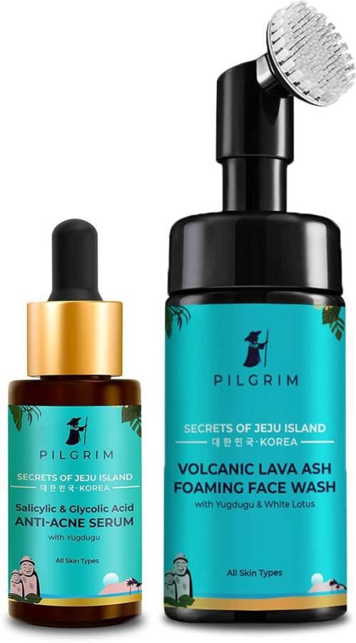 Pilgrim Bye Bye Acne Scars & Marks Combo | Deep Cleansing Volcanic Lava Ash Foaming Face Wash with Brush 120ml, Anti Acne Serum 30ml | For Acne-Prone , Oily Skin | For Men & Women | Korean Skin Care Products Price in India