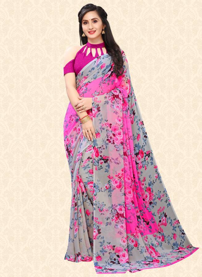 Floral Print Bollywood Georgette Chiffon Blend Saree Price in India