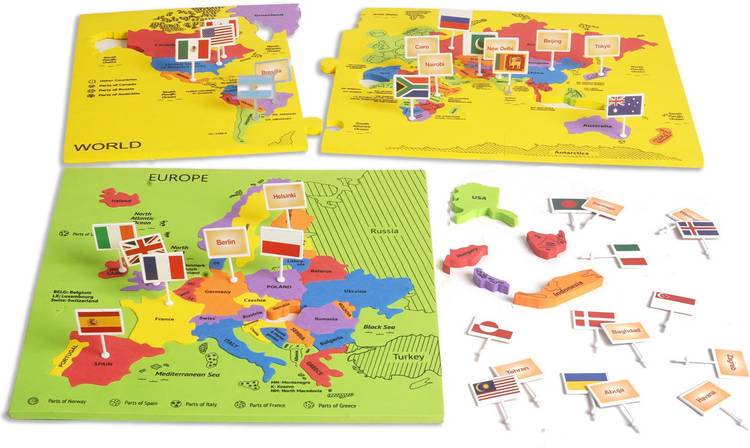 GeoKraft World and Europe with Flags and Capitals-Country Shaped Pieces Jigsaw Puzzle and Educational Toy for Boys and Girls Above 5 Years- Excellent Birthday Gift