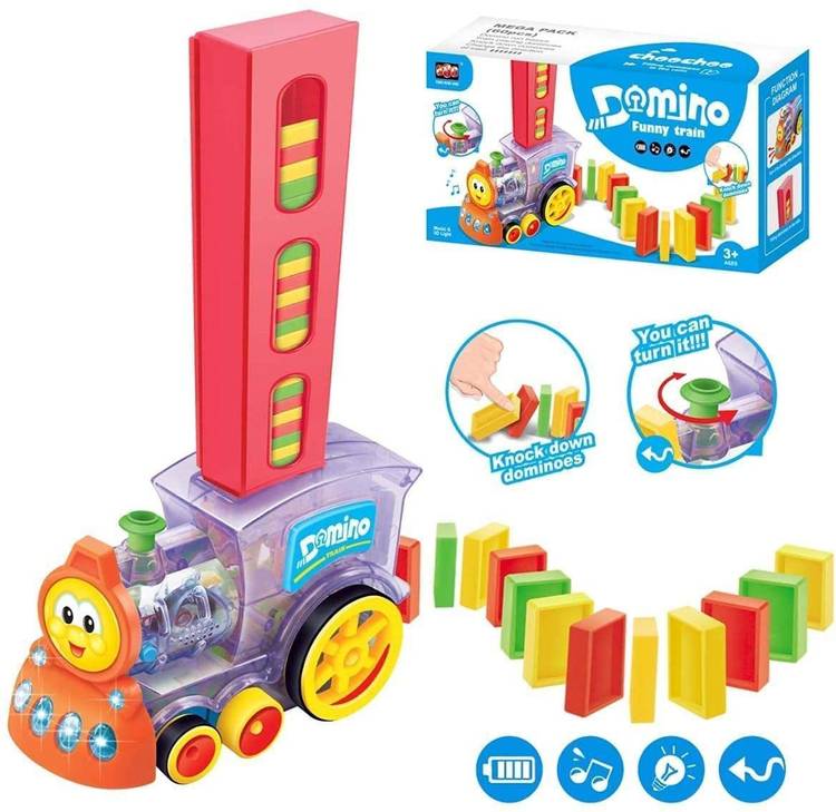 Galactic Domino Funny Train, Choochoo Filling Domino Train Domino Rally Train Model with Lights and Sounds Construction in 60 Pcs and Stacking Toys Toy for Baby Blocks Domino Set - Multicolor