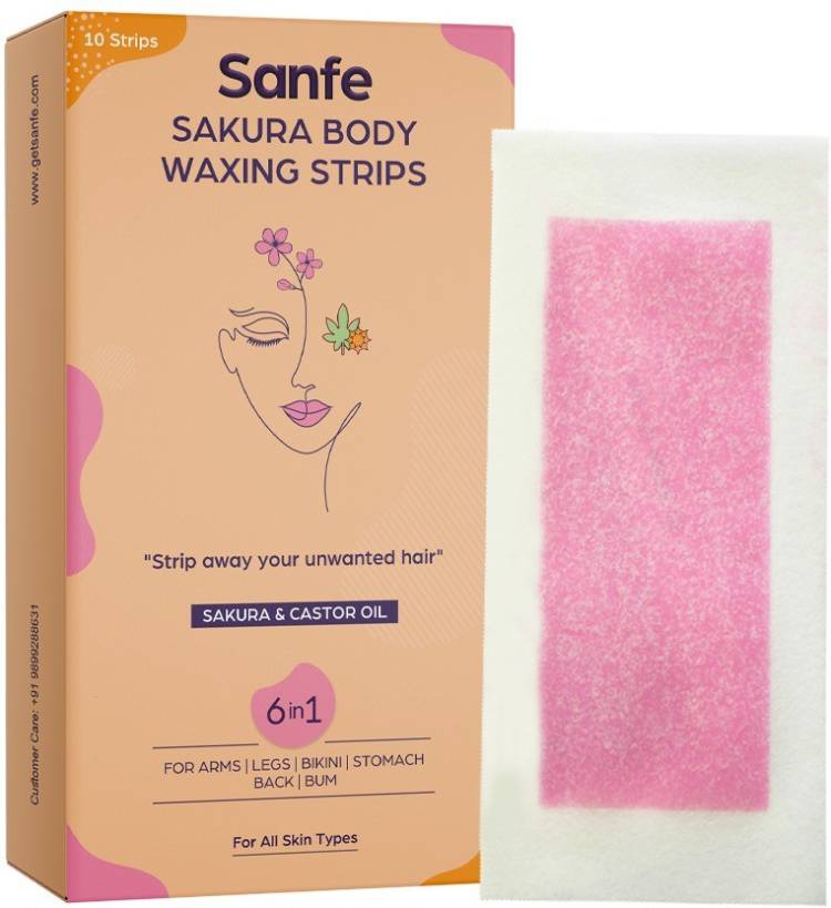 Sanfe Sakura Body Wax Strip Pack of 18 with complementary wipes for sensitive skin I Removes hair, Soft & Smooth Skin I Unclogs pores I Prevents acne I Strips Price in India