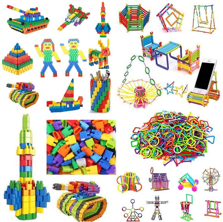 TechHark 400+ PCs [ 2 in 1 DIY Combo ] 2 Types Different Blocks for Early Learning/ Educational Blocks Toys for Kids [200+Pcs Sticks, 200+PCs Bullets]