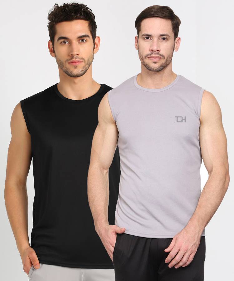 Pack of 2 Solid Men Round Neck Black, Grey T-Shirt Price in India