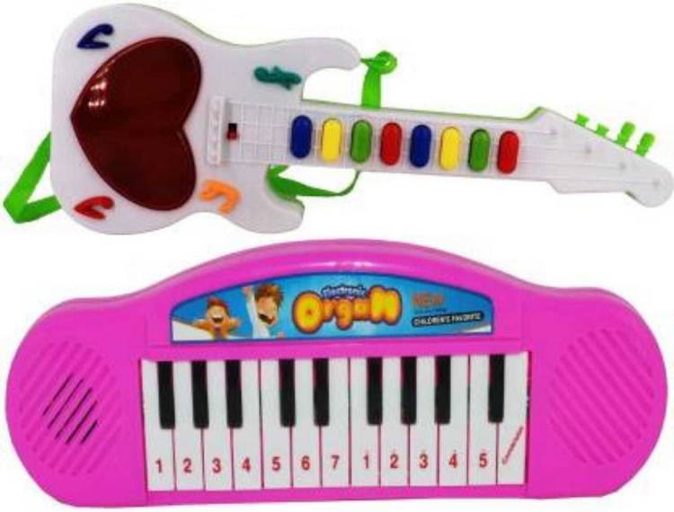 Kmc kidoz combo Mini Guitar With Musical Rhymes Sound And 3D LED Light | Battery Operated | Musical Instrument | Electric Keyboard | Lighting Toys & Mini Piano For Kids