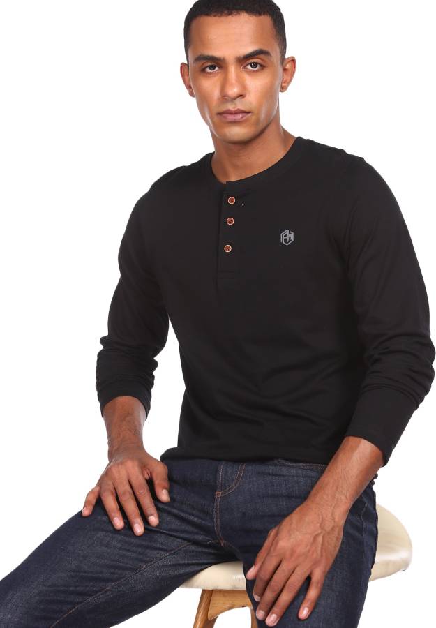 Solid Men Henley Neck Black T-Shirt Price in India