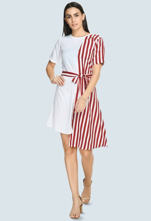 Women Asymmetric Red, White Dress Price in India