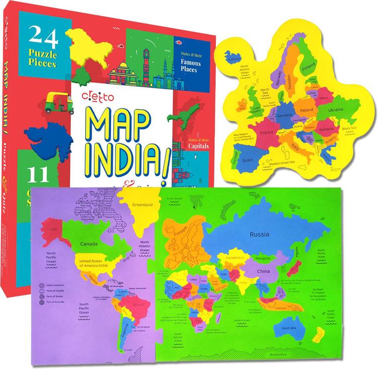 cretto World Map + Europe Map + India Map with 11 Self Mastery Interactive Quiz Sheets