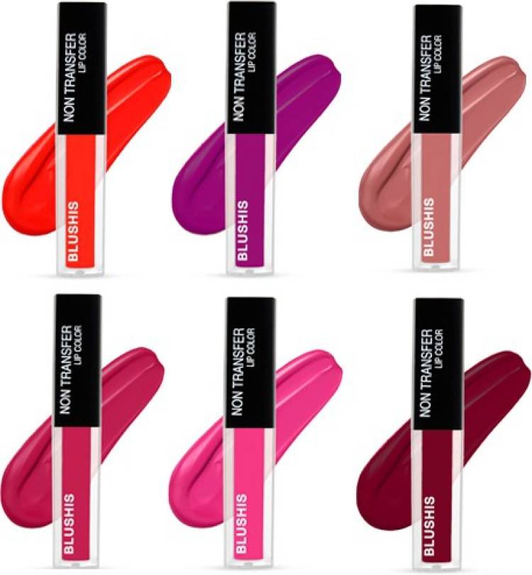 BLUSHIS Non Transfer Liquid Matte Pack of 6 With Trendy Shades ( Red, Nude,Marooon,Epic Magenta,Bright Plum,Pink and purple colour Price in India