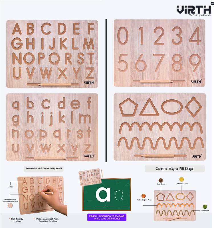 Virth English Wooden Alphabet and Number & Patten Tracing Board with Dummy Pencil | Capital Word "ACBD" and Small Word "abcd", Number & Patten | Educational Puzzle Toys | ABCD 123 Tracing Board | Letter Educational Slate | Learning Board, Educational Tra