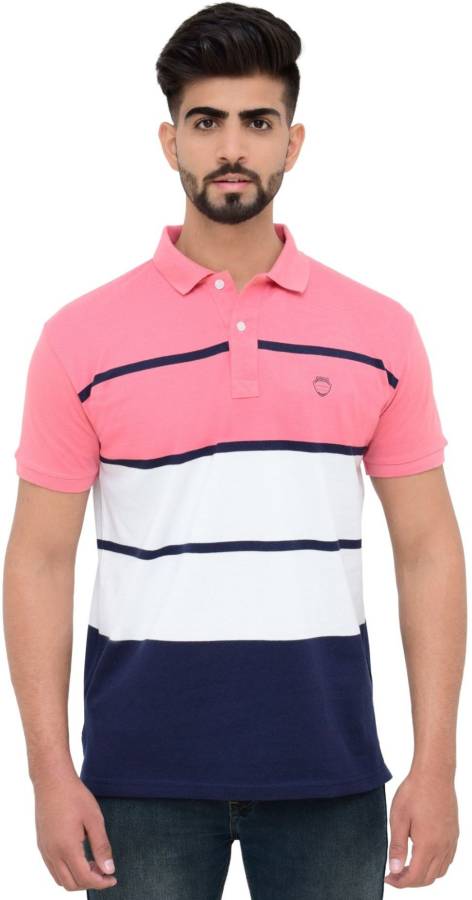 Striped Men Polo Neck Pink T-Shirt Price in India