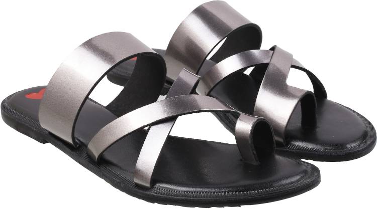 Women Grey, Black Flats Sandal Price in India