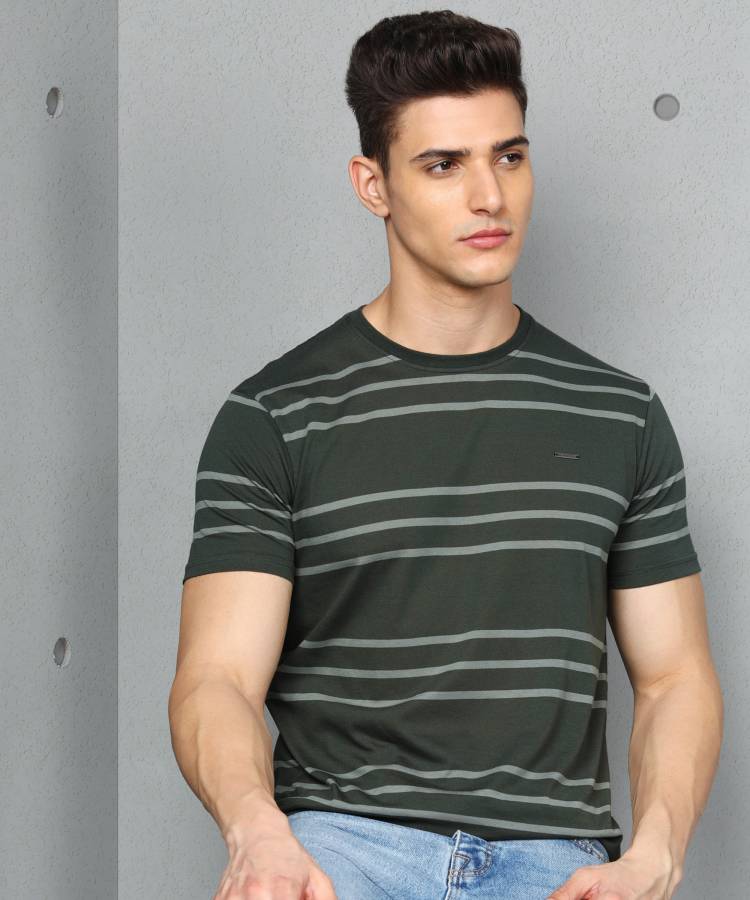 Striped Men Round Neck Dark Green T-Shirt Price in India