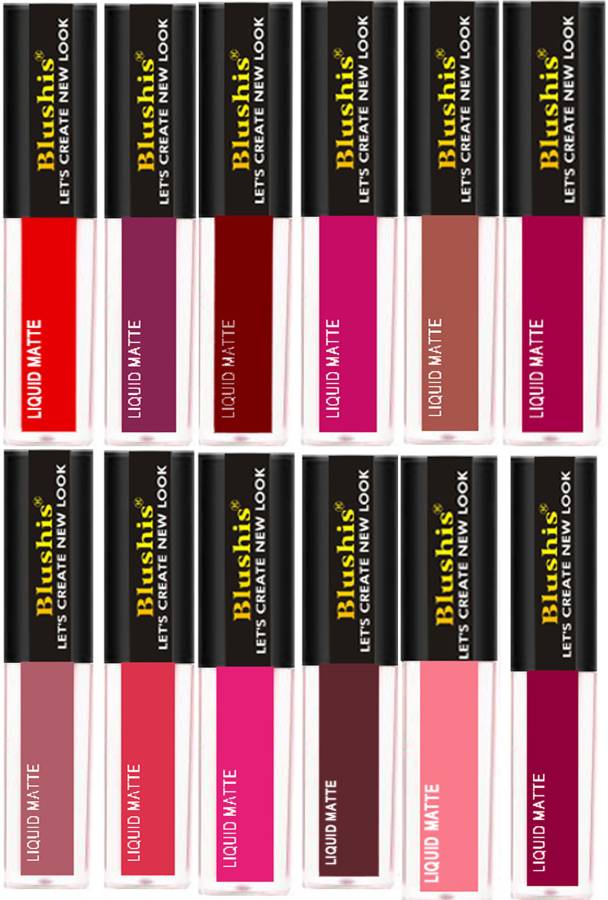BLUSHIS Trending Fashion Colour Non Transfer Liquid Matte Lipstick Combo Of 12 Price in India