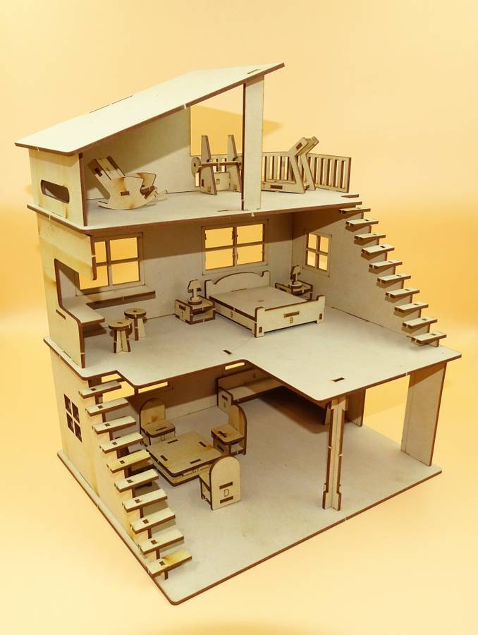 Johnnie Boy gift gallery Wooden Doll House for Girls with Furniture, Dollhouse for Kids, Girls and Boys with Open air Gym (Brown)