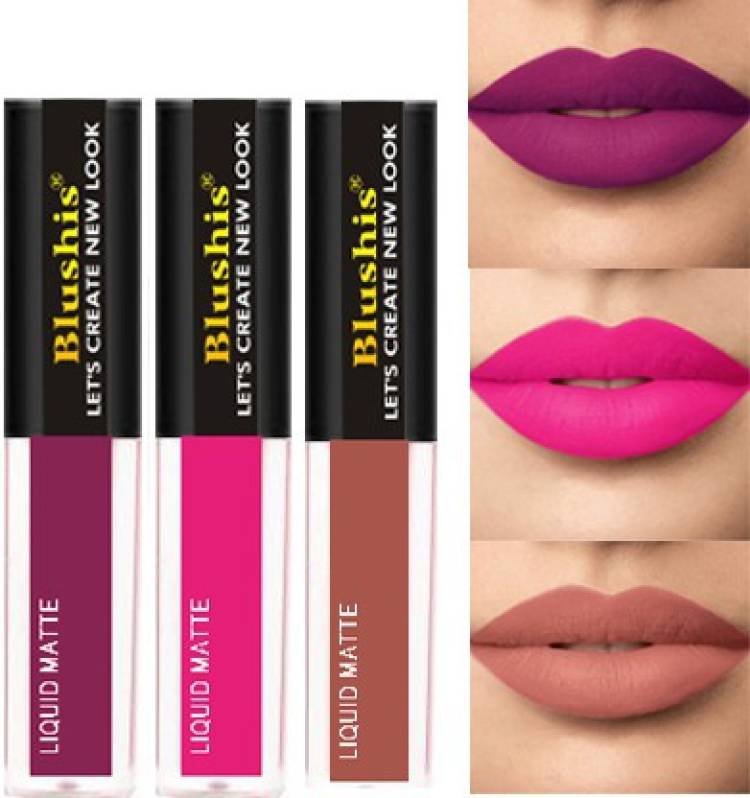 BLUSHIS Smudge proof Waterproof Long lasting Liquid matte Lipstick Non Transfer Common Colour For Daily Use Combo pack of 3 The Pink Purple and Nude Colour Edition Lipstick Price in India