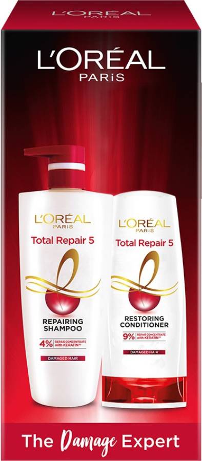 L'Oréal Paris Total Repair 5 Shampoo with Keratin XS (Paraben Free) 704ml with Reparing Conditioner 192.5ml FREE Price in India