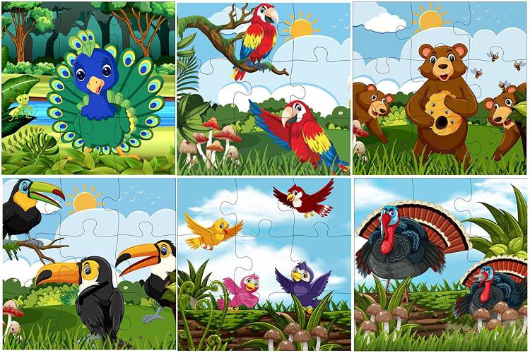 Rage-X Wood Jigsaw Puzzles for Kids - 9 Pieces (Birds, Bear & Bee's-Pack of 6)