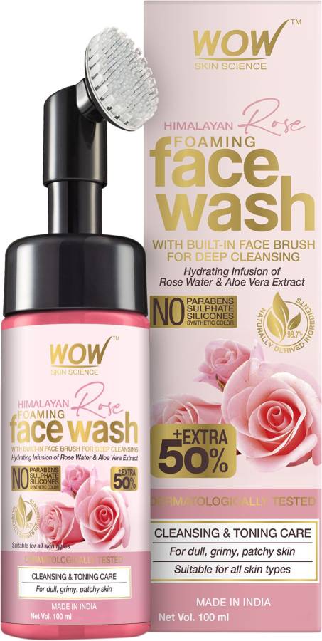 WOW SKIN SCIENCE Himalayan Rose Foaming  with Built-in Face Brush - contains Rose Water & Aloe Vera Extract - for Cleansing & Toning - No Parabens, Sulphate, Silicones & Synthetic Color Face Wash Price in India