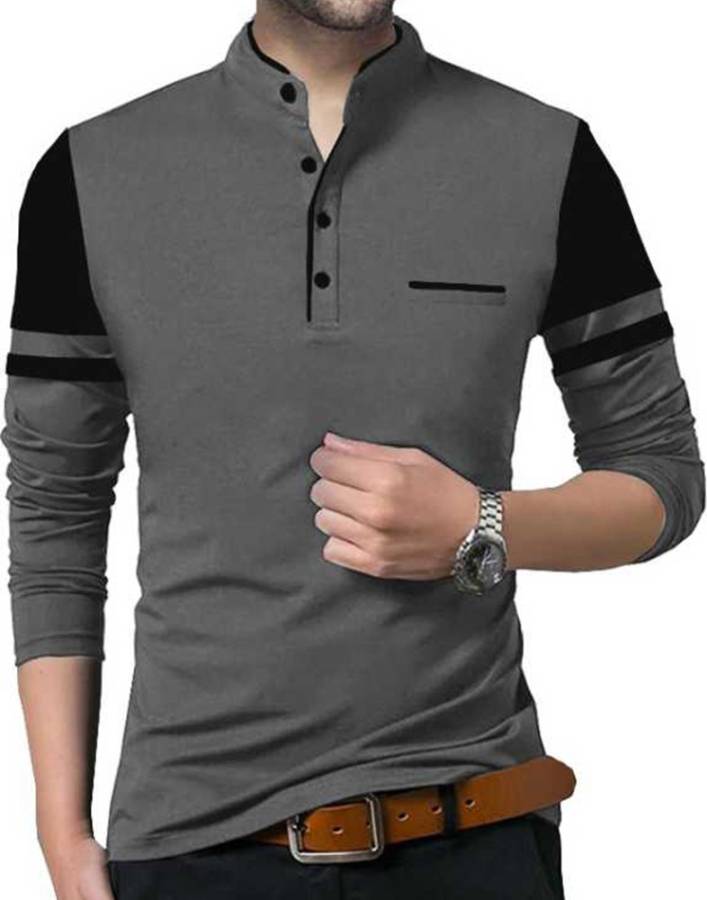Solid Men Henley Neck Grey, Black T-Shirt Price in India