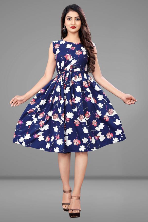 Women Fit and Flare Blue, White Dress Price in India