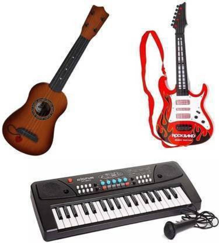 mayank & company Combo Of 3 Pack - 1pcs Light & Music Guitar & 1pcs 37key Piano Keybord & 4 Strings wooden finish Plastic guitar for children