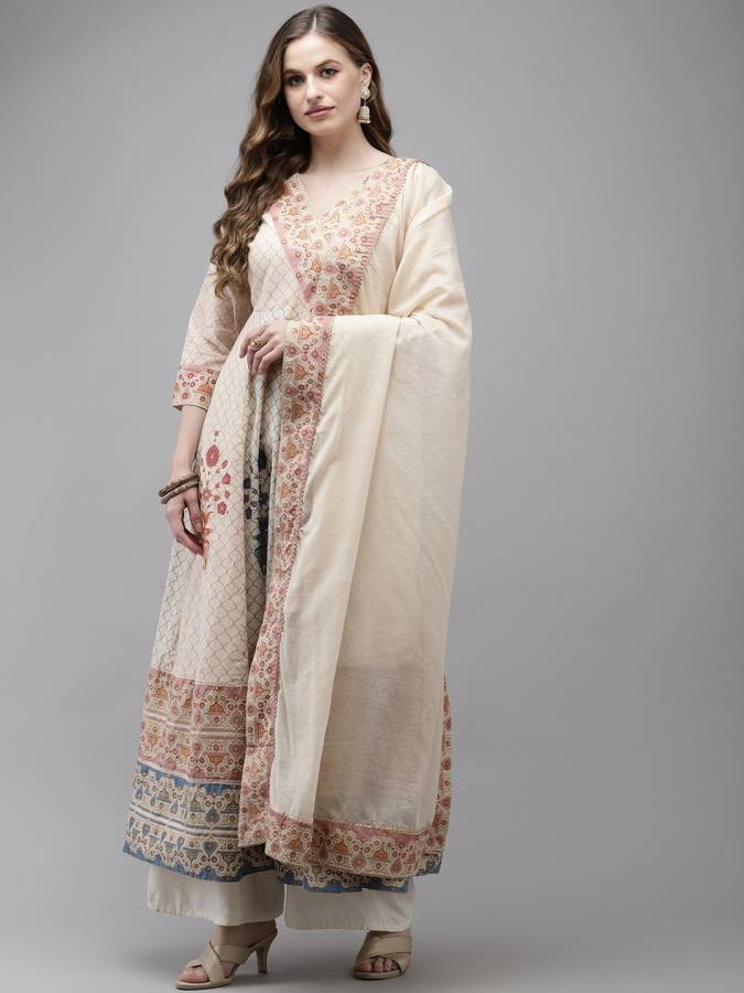 Women Printed, Floral Print Pure Cotton Anarkali Kurta With Attached Dupatta Price in India