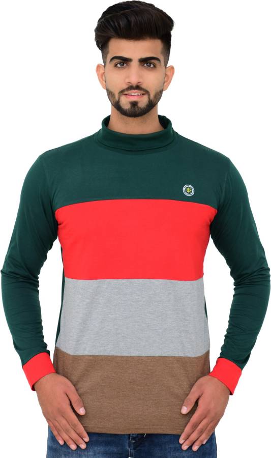 Color Block Men High Neck Green T-Shirt Price in India