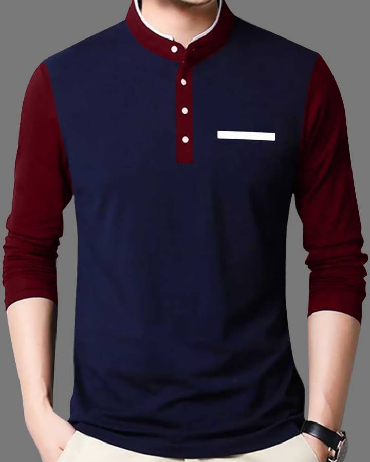 Solid Men Mandarin Collar Dark Blue, Maroon T-Shirt Price in India