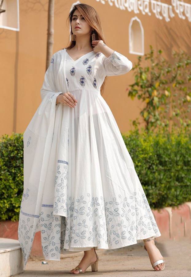 Women Printed Pure Cotton Anarkali Kurta With Attached Dupatta Price in India