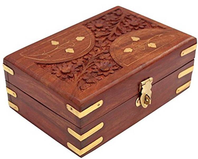 WoodCart H@ndmade Wooden Jewellery Box for Women Jewel Organizer Carving & Brass Inlaid - D-Design 6 Inches Makeup, Jewellery & other Utility Vanity Box Price in India