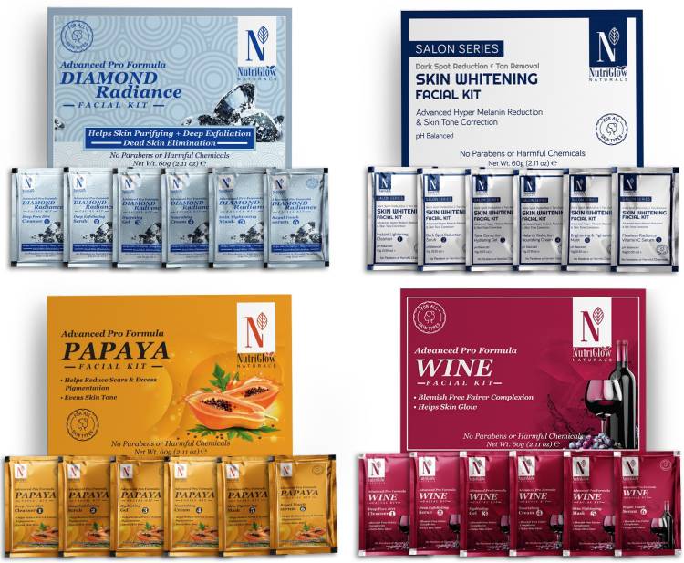 NutriGlow NATURAL'S Advanced Pro Formula Combo Pack of 4 Diamond Radiance,Skin Whitening,Papaya,Wine Facial Kit 60 gm Each For Hydrated Skin & Fairer ComplexionEven Tone, Blemish Free & Glowing Skin Price in India