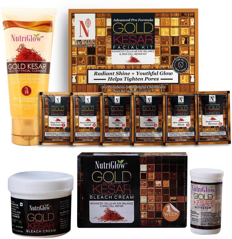 NutriGlow NATURAL'S Advanced Pro Formula Combo Pack of 3 Gold Kesar Facial Kit (60gm) Gold Kesar Bleach (43gm) & Gold Kesar Face wash (65ml) For Relief from Sunburns, Redness & Wrinkles Free Skin Price in India